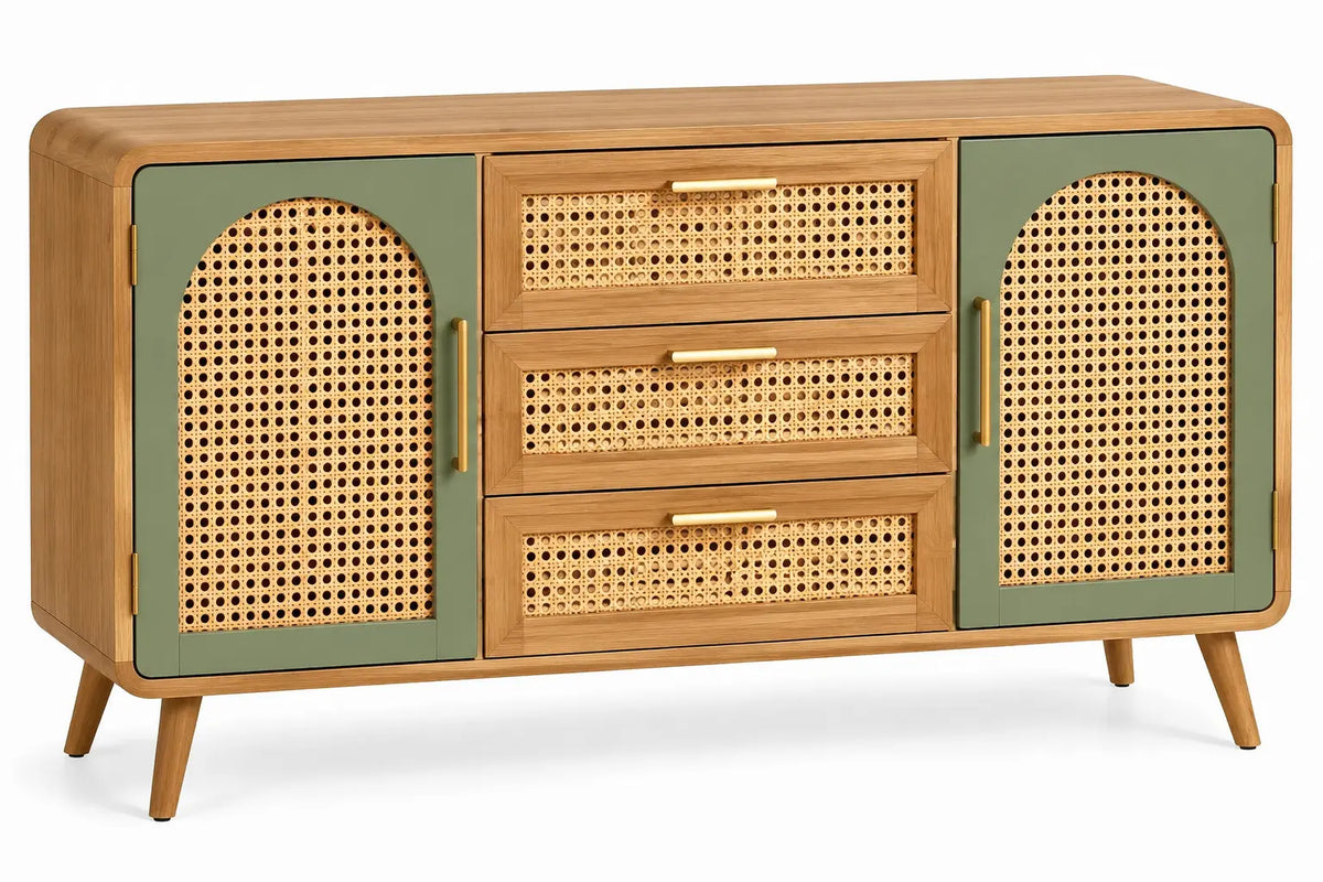 Credenza, ante e cassetti con inserti intrecciati, marrone/verde