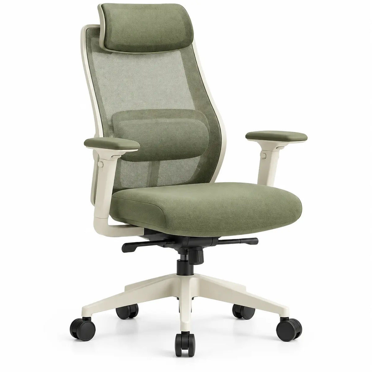 Sedia da ufficio, schienale in rete e poggiatesta, verde/beige