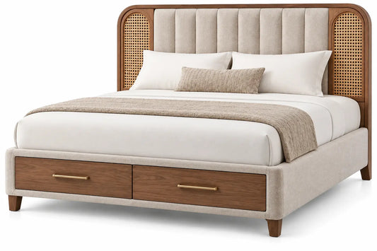 Struttura letto con testiera, testiera con inserti intrecciati e cassetti frontali, beige/marrone