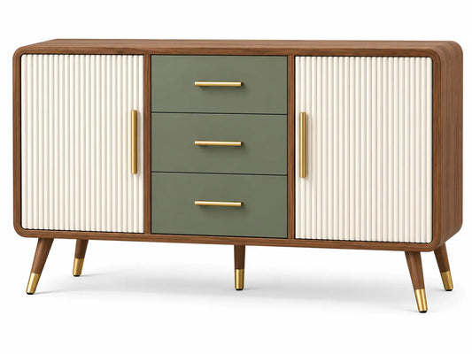 Credenza, ante scanalate e tre cassetti centrali, marrone/beige/verde