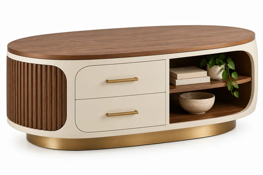 Tavolino da salotto, forma ovale con cassetti e vani aperti, marrone/beige/oro