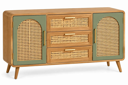 Credenza, ante e cassetti con inserti intrecciati, marrone/verde