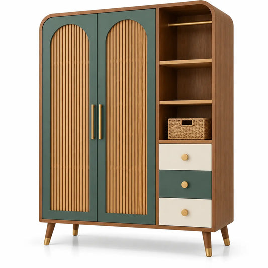 Armadio, ante scanalate e ripiani laterali con cassetti, verde/marrone/beige