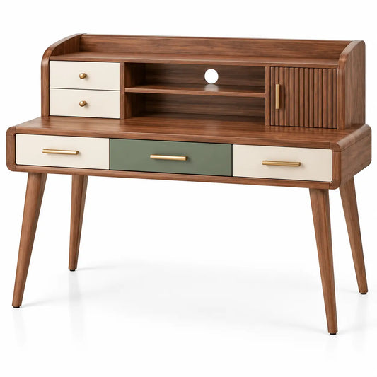 Scrivania, alzata con vani aperti e cassetti, marrone/beige/verde