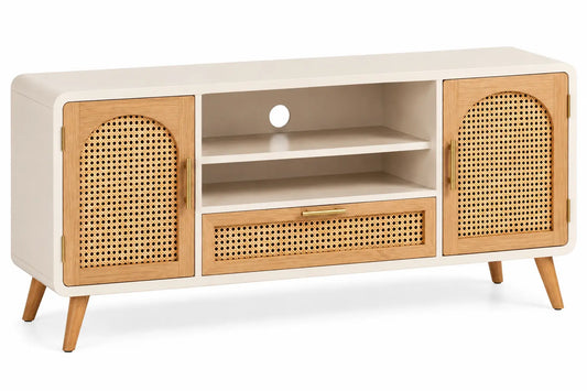 Mobile porta televisore, ante intrecciate e cassetto inferiore centrale, beige/marrone